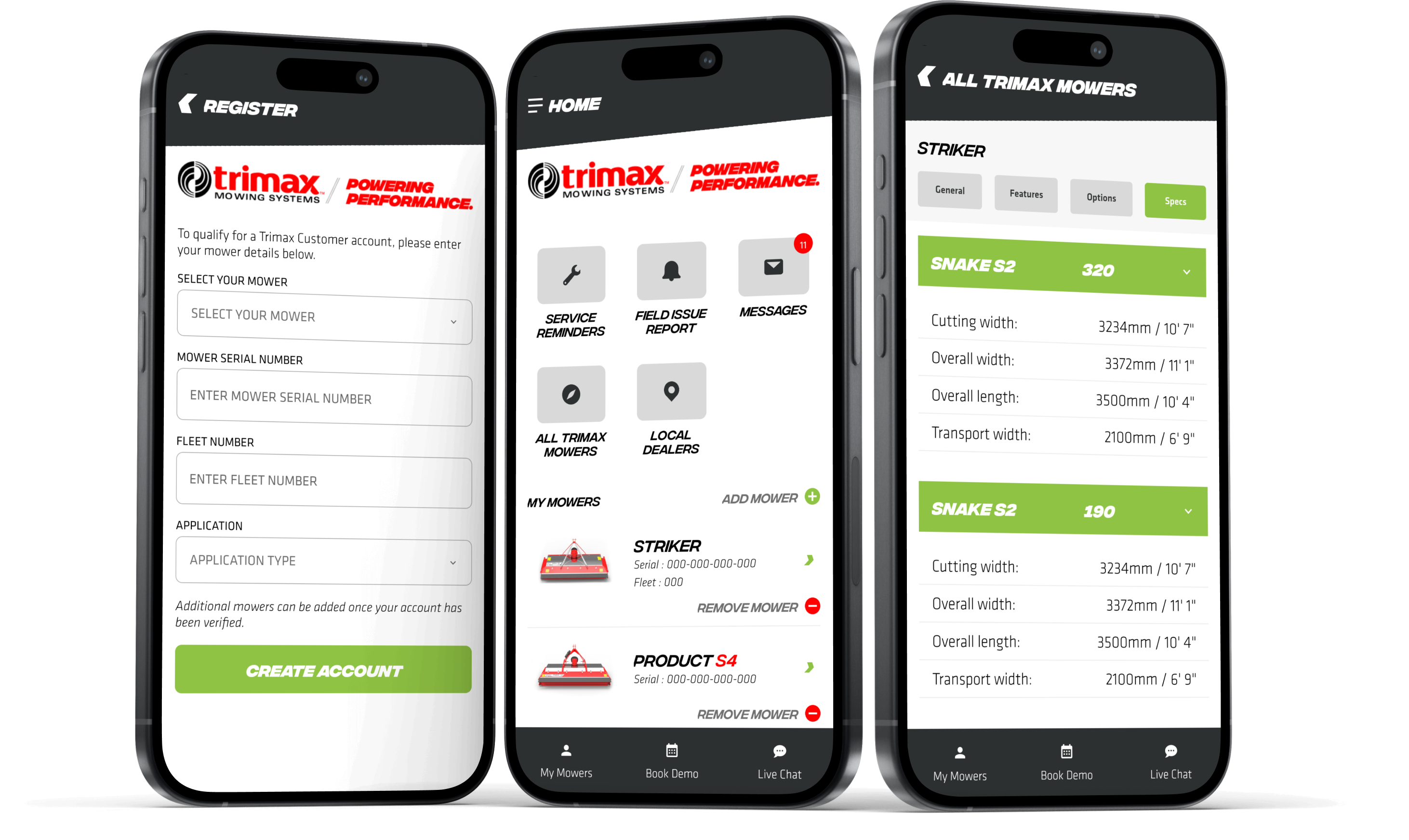 Trimax mower application interface with feature navigation