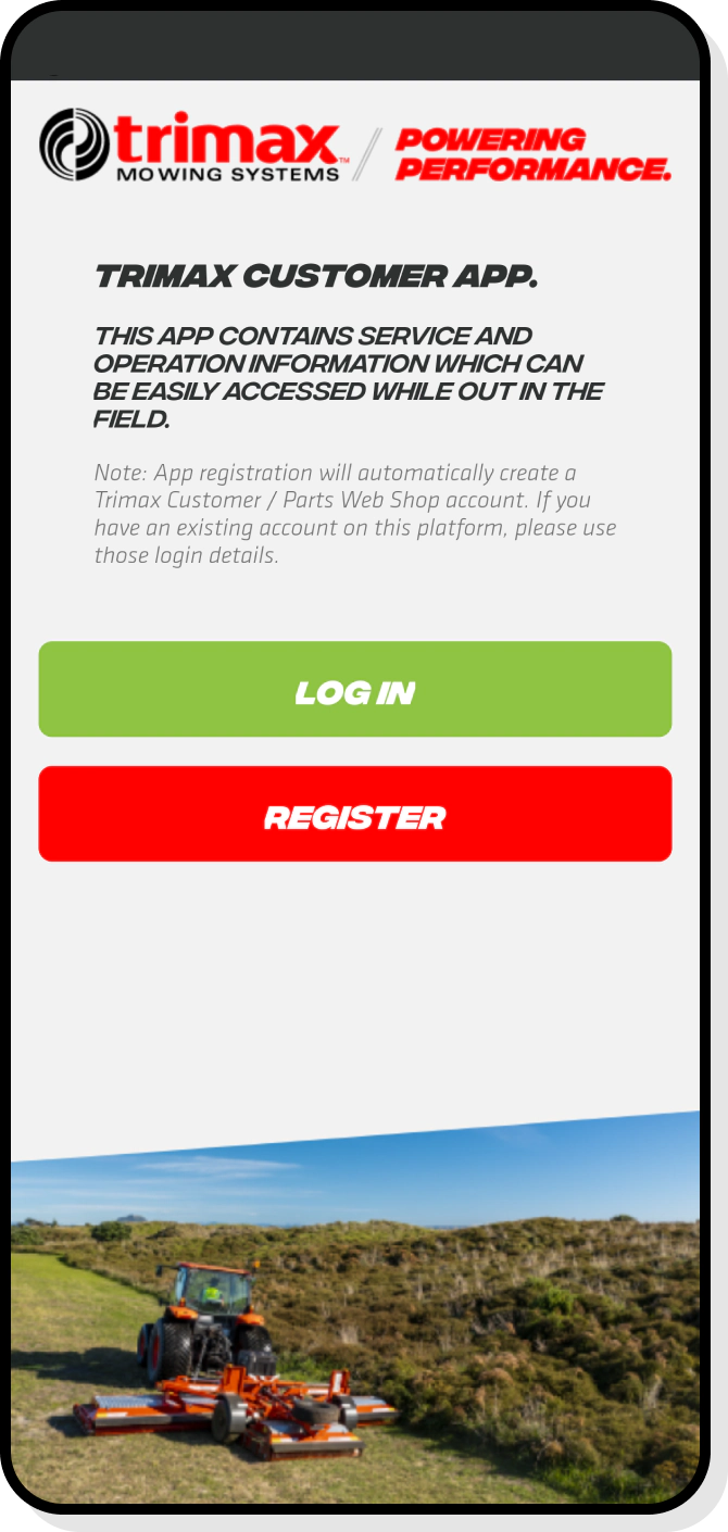 Homepage banner featuring high-resolution mower image and CTA button