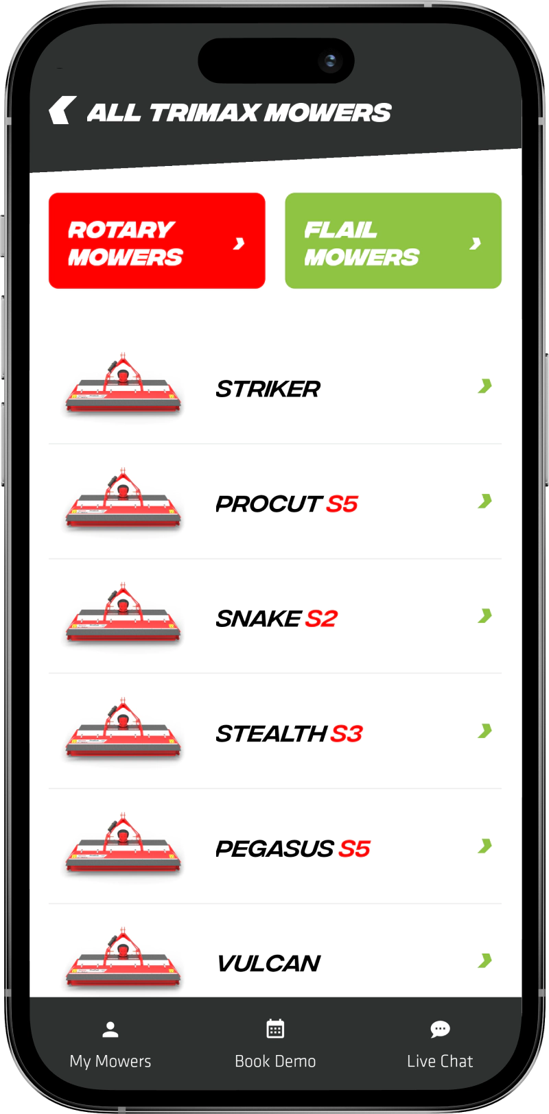 Mobile app showcasing Trimax mower features and specifications