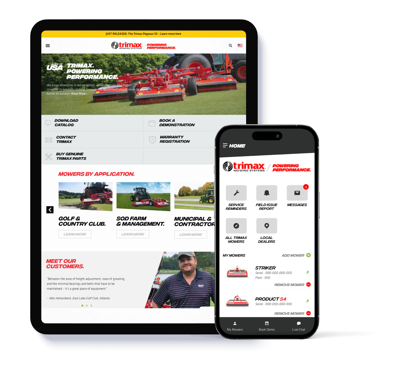 Overview screen of the Trimax mower mobile application interface
