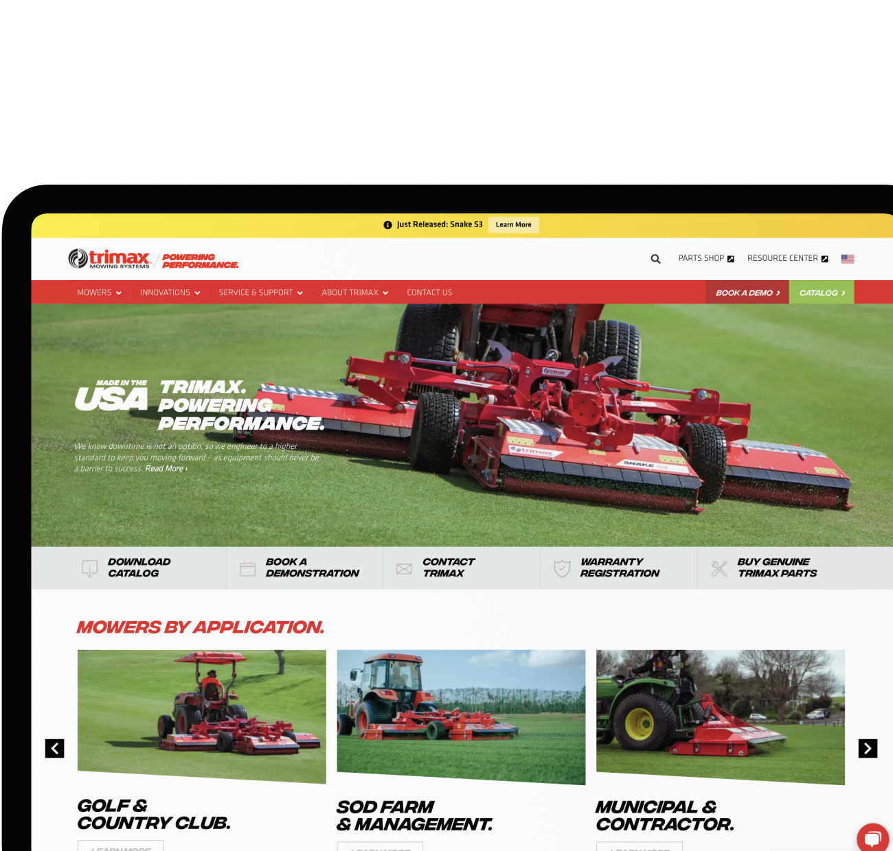 Trimax mobile app showing mower specifications and dashboard for equipment management
